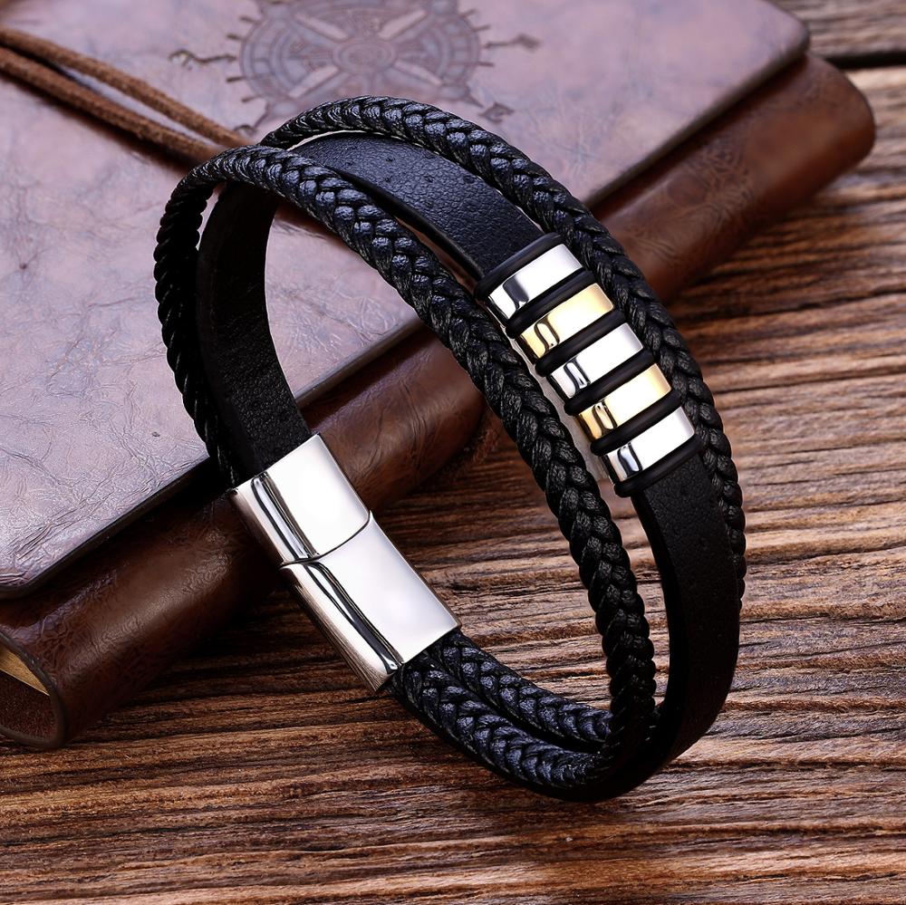 TANGYIN 19/21/23CM Genuine Leather Bracelet Black & Brown Color with Stainless Steel Buckle Easy Hook Bangle For Cool Boys