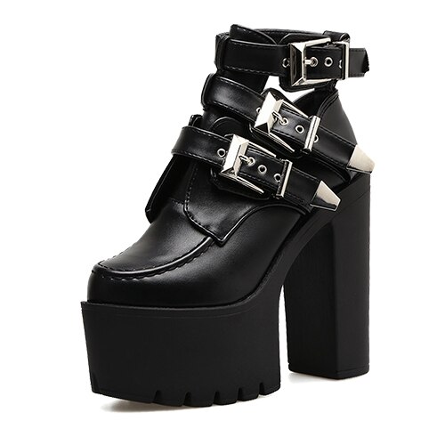 Gdgydh moda botas femininas fivela de couro macio primavera outono preto senhoras tornozelo botas de salto alto sapatos plataforma saltos grossos: 4.5