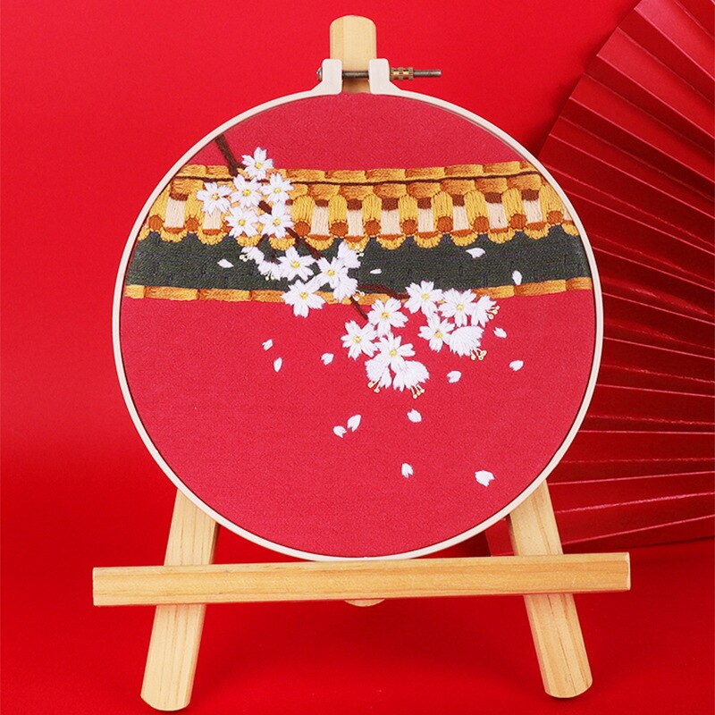 Chinese Flower Printed Embroidery kit with Hoop for Beginner Cross Stitch Needlework Swing Art Craft Painting Home Decor