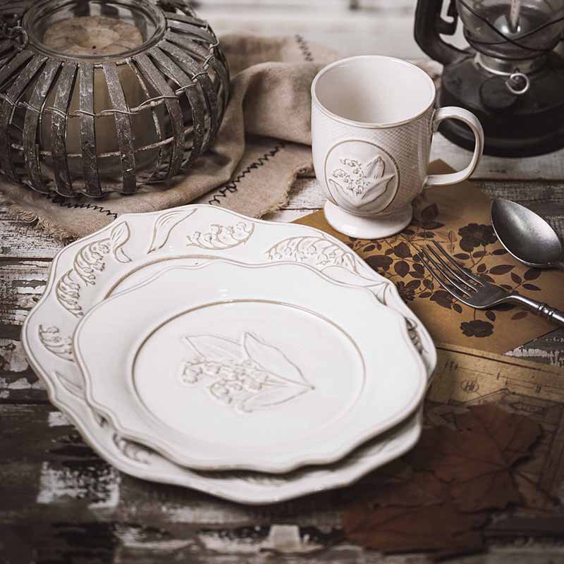 Retro Ceramic Plate Sets French Lily of The Valley Relief Dinner Set Plates and Dishes Western Restaurant Desktop Steak Dish