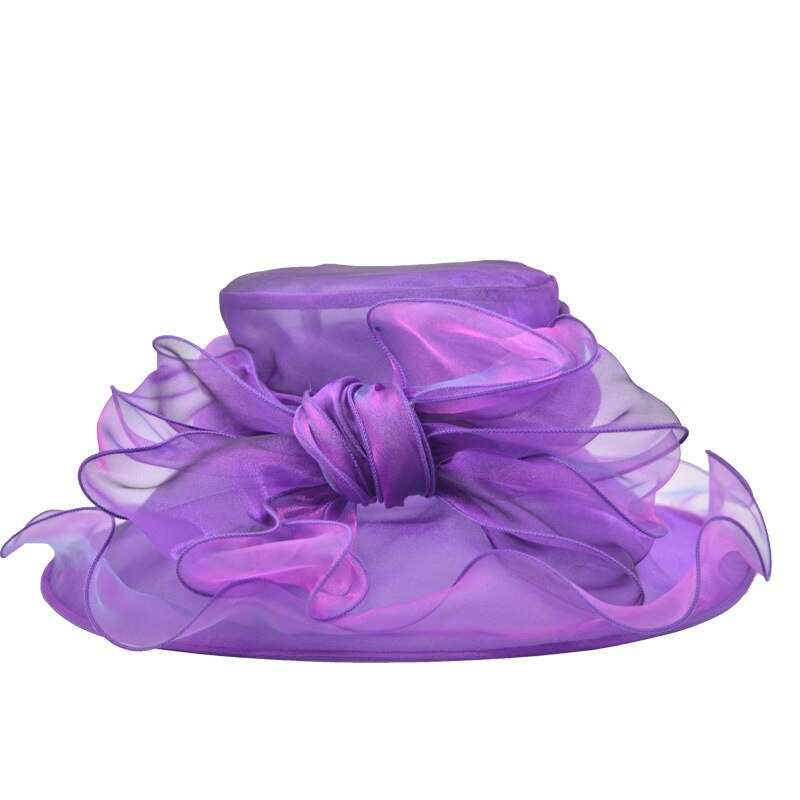 Big Flower Summer Sun Hats For Women Beach Beige Organza Tea Party Hat Ladies Church Kentucky Derby Wide Brim Fedoras: Purple