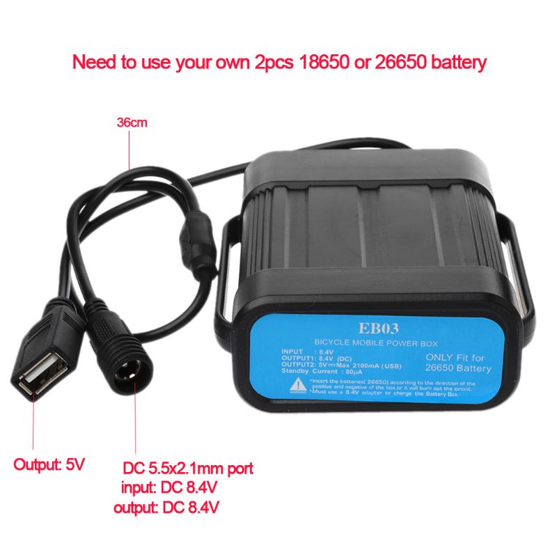 Portable Waterproof Battery Holder - 2x 26650 Battery Case for Bicycle Light External Power Storage