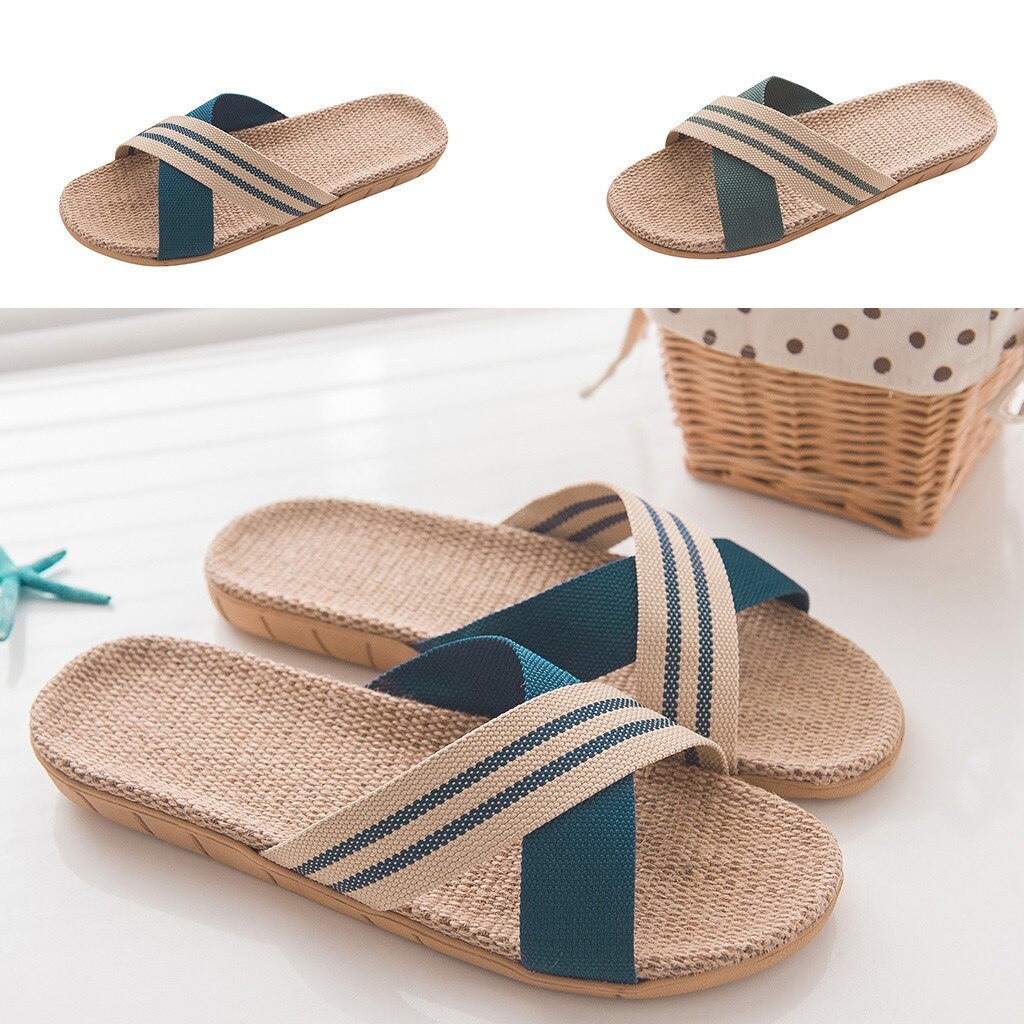 Summer Anti-slip Flax Slippers Women Men Casual Linen Slides Multi-style Non-slip EVA Home Slippers Indoor Shoes Female #3