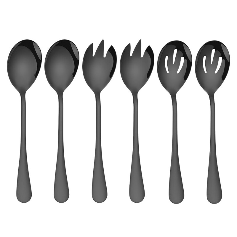 3Pcs Salad Dessert Spoon Set Large Stainless steel Salad Fork Spoon Serving Set Tablespoon Salad Server Kitchen Spoon Utensils: 6pcs Black