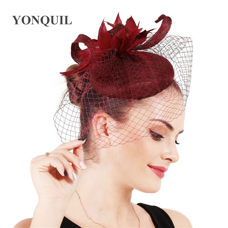 4- lags sinamay bruden bryllup fascinator lue mesh hodeplagg lin ekteskap lue kvinner garn hår tilbehør