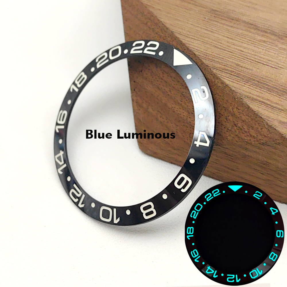 Inserto de bisel de reloj GMT luminoso azul de 38mm apto para SKX007 SRPD GMT caja de reloj NH35 piezas de anillo de inserción de bisel de cerámica: P27 / 613 #