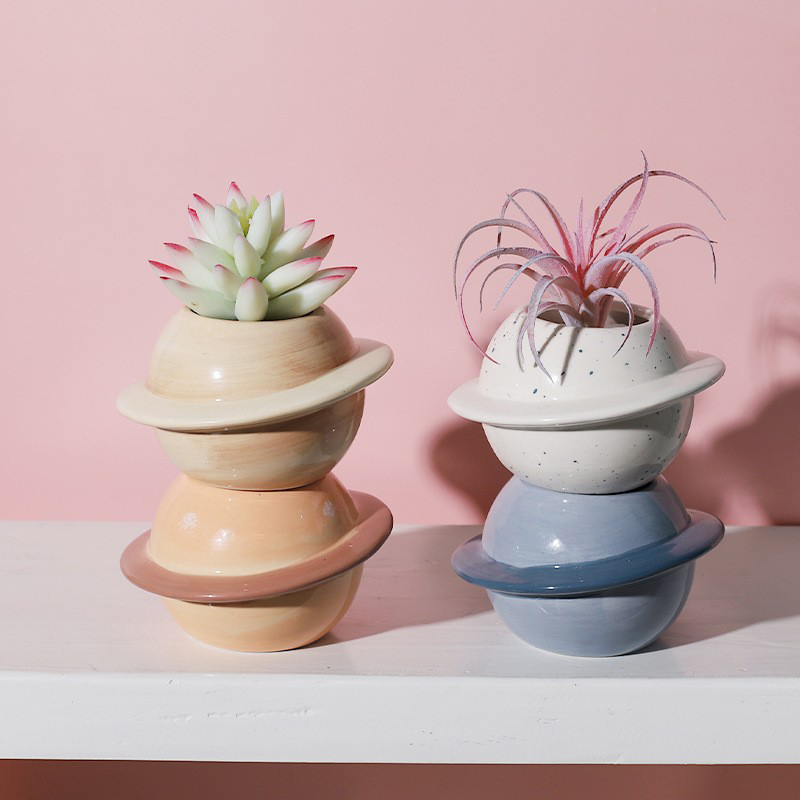 Planet keramikkruka suckulentkrukor balkongdekorationer macetas de ceramica skrivbordsdekor mini växt blomkruka trädgård