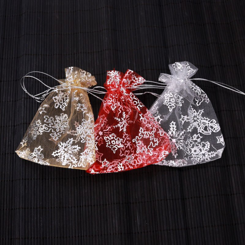 50 stks/partij 9X12cm Organza zak Sneeuw Bloemen Star Wedding voile Candy Christmas Bags Sieraden Verpakking Goud /rood/Wit 3 Kleuren