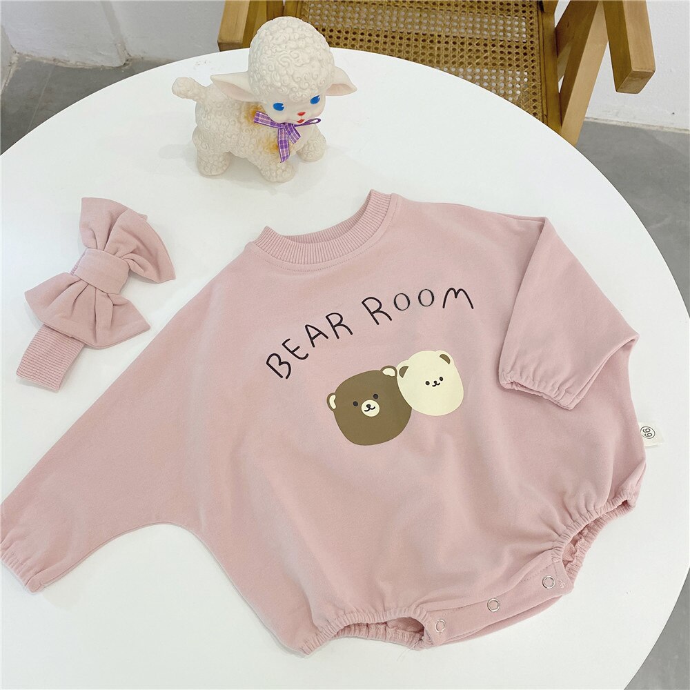 Milancel Baby Kleding Schattige Beer Patroon Baby Jongens Bodysuit Lange Mouwen Peuter Meisjes Jumpsuit Baby Hoofdband: pink / 3-6M