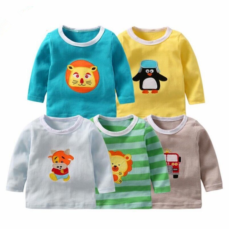 Camiseta de algodão para crianças, 5 peças de roupas para meninos e meninas primavera, outono 2018 bebê bordado desenho animado, camiseta de manga comprida, tops de algodão infantil roupas