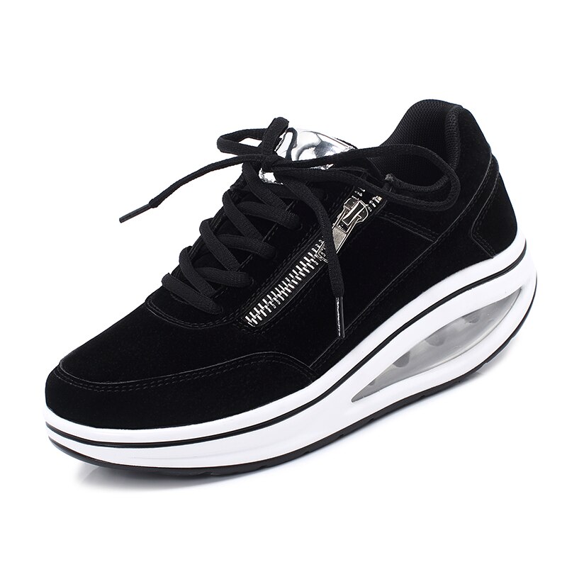 Women Flat Walking Shoes Platform Suede Leather Black Gray Ladies Toning Shoes Height Increasing Light Weight Sneaker Female: Black / 36