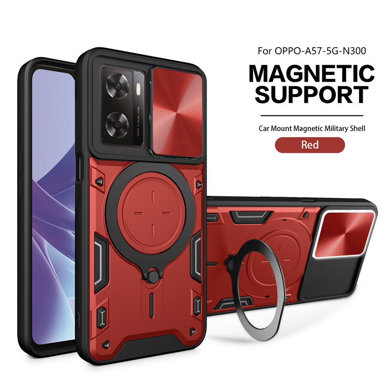 For OPPO A57 4G Case Slide Lens Protection Car Magnetic Stand Ring Phone Case For OPPO A57S A57E A77 Shockproof Armor Back Cover: EVA / black