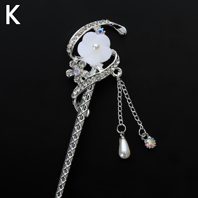 Vintage Chinese Style Hair Stick metalowe pałeczki Rhinestone kobiety Tassel kwiat perłowy spinka do włosów spinka do włosów biżuteria akcesoria: K