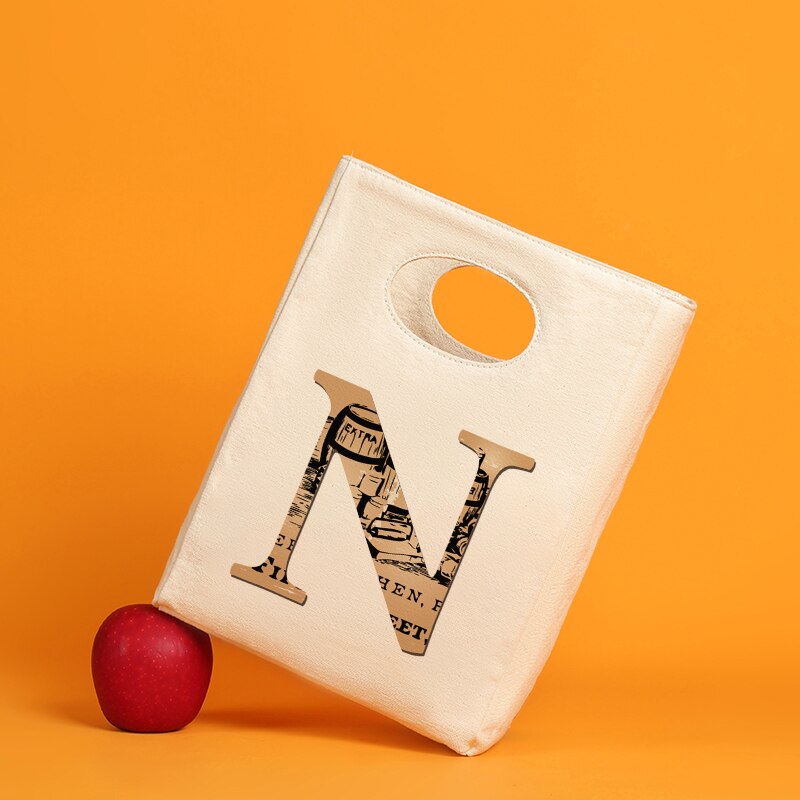 Brązowe litery ocieplana z płótna Unisex torba na Lunch wielokrotnego użytku śniadaniówka Organizer torba podróżna chłodzona: 9BrownN