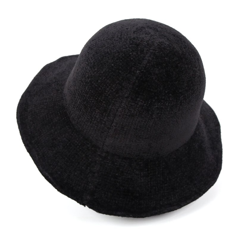 Vinter bred birm varm pels spandhue kvinder koreansk vintage filt chenille foldbar kuppel panama trilby hat sort fiskeri hat: Sort