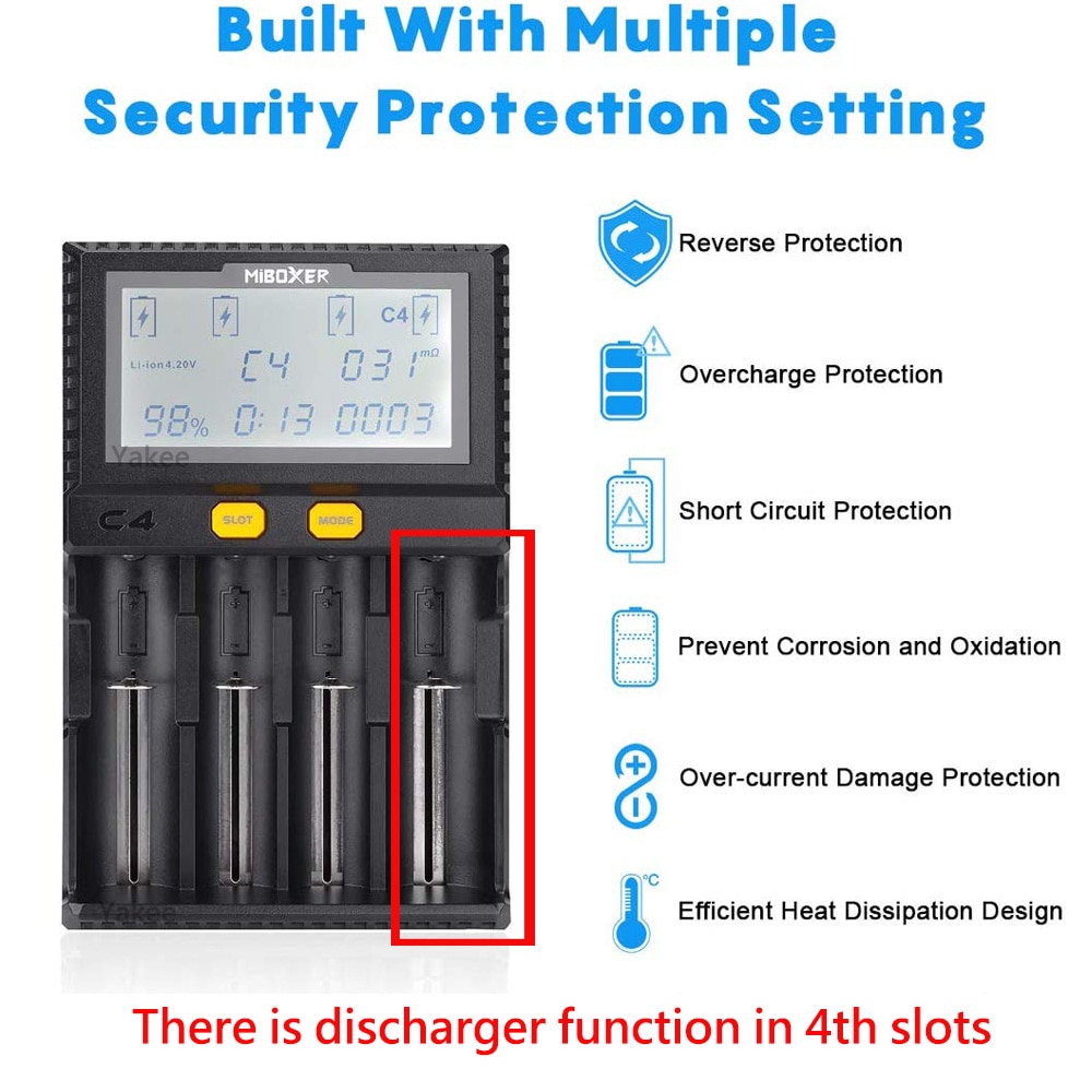Miboxer C4 LCD Clever Batterie Ladegerät für Li-Ion IMR ICR LiFePO4 18650 14500 26650 21700 AAA Batterien 100-800mAh 1.5A entladung