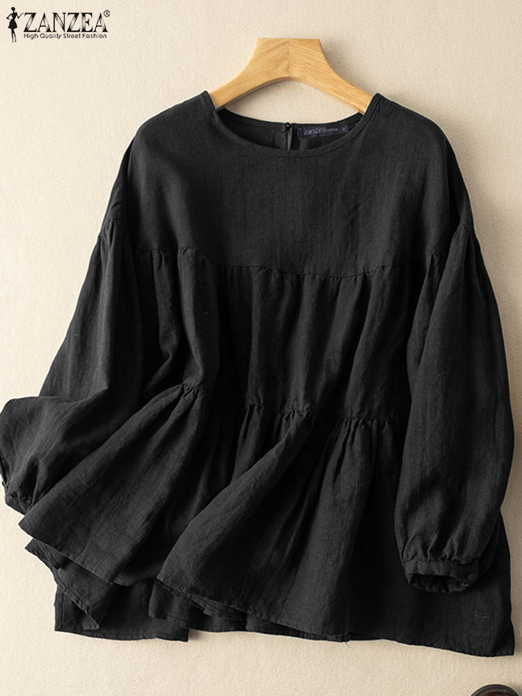 Zanzea ensfarvet bomuldsbluse kvinder efterårstoppe revers langærmet skjorte dame o-hals arbejdsbluse afslappet løs chemise: 5xl / Sort