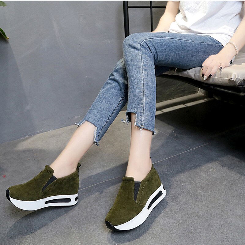 Lente Vrouwen Schoenen Platform Klimplanten Vrouwelijke Slip Op Mocassins Suède Elastische Band Naaien Casual Schoenen Dames Schoenen