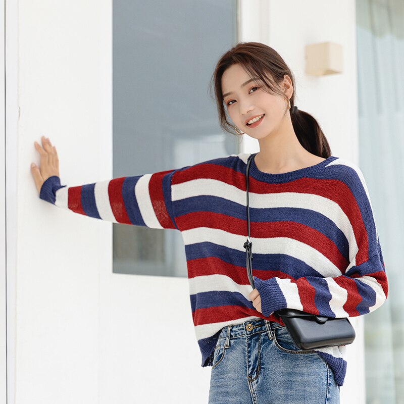 Koreansk stil dam tröja höst lat regnbåge randig lös söt tröja långärmad stickad tröja dam rund hals dam