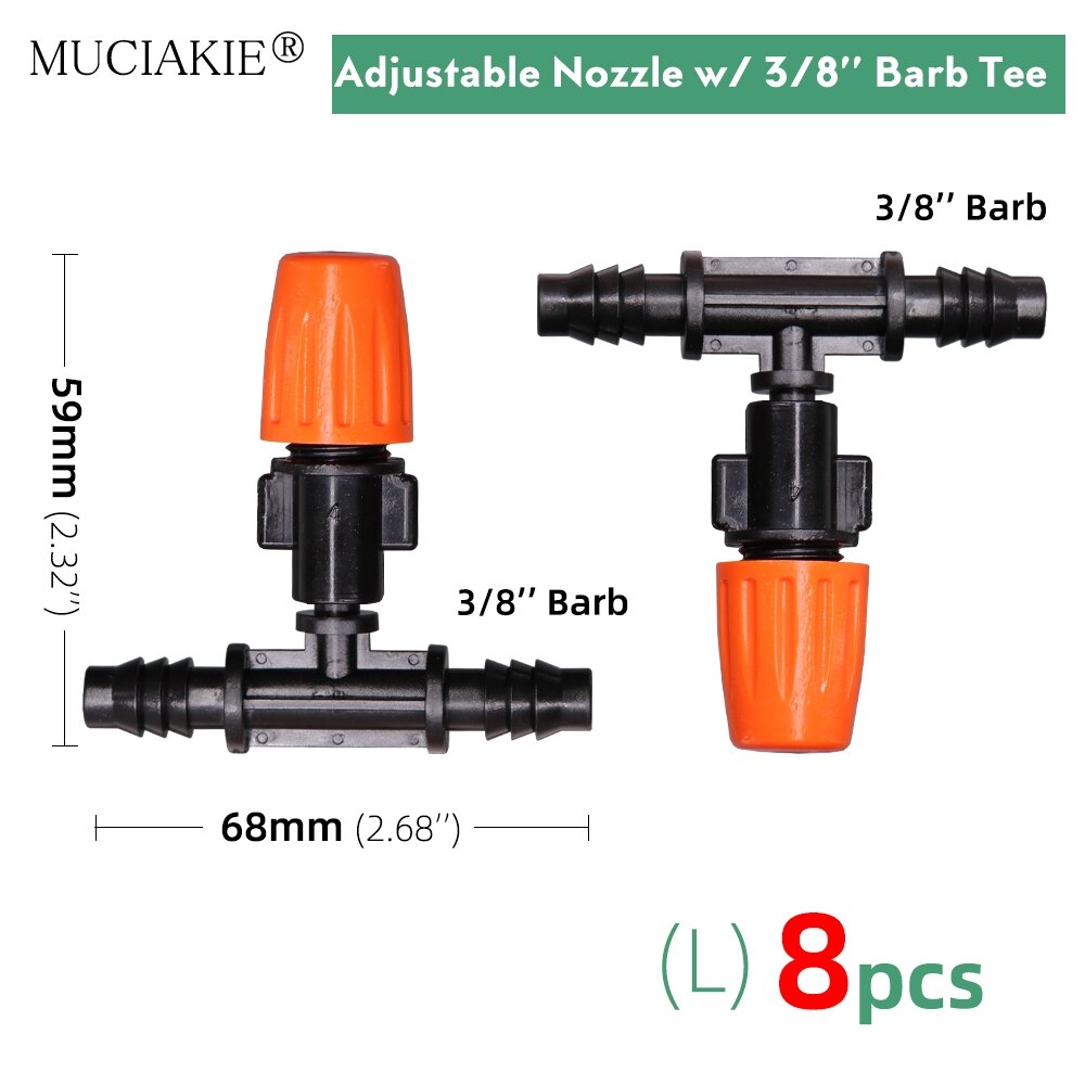 Orange Adjustable Garden Micro Drip Irrigation Misting Nozzles Sprinklers with w/ 1/4'' 3/8'' Hose Barbed Tee Threaded Connector: Lx8pcs