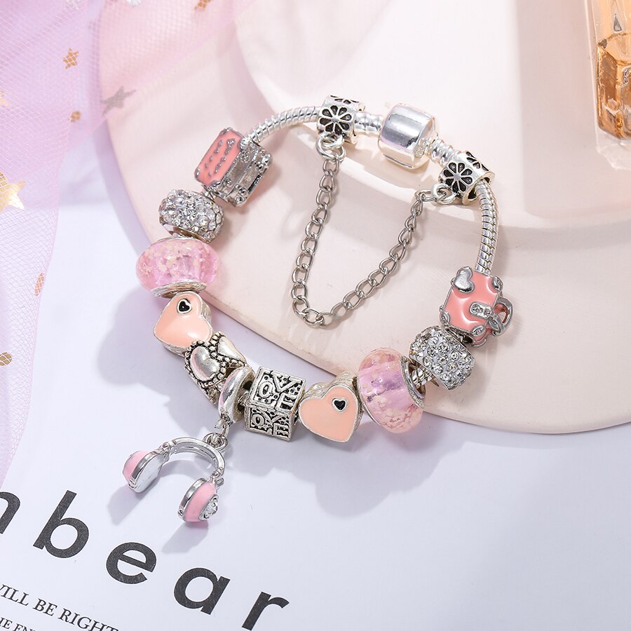 Seialoy lyserøde hovedtelefoner charme armbånd til kvinder pige originale krystalrosa rejsetaske hjerte beaded armbånd armbånd smykker