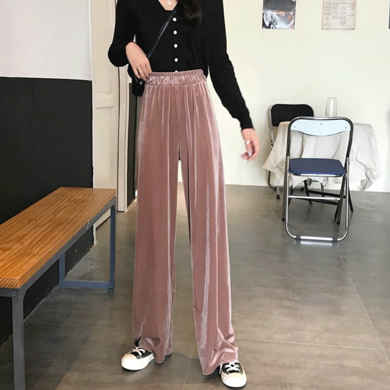 Byxor dam sommar guld sammet vida ben lösa 4xl casual drapera solid koreansk stil matchande trendiga byxor штаны dam