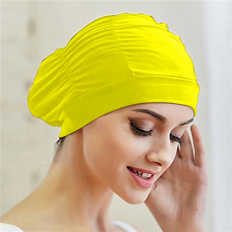 Gorro de baño de nailon elástico para mujer y niña, gorro de baño de pelo largo, drapeado elástico, tamaño libre, turbante deportivo para piscina: YELLOW
