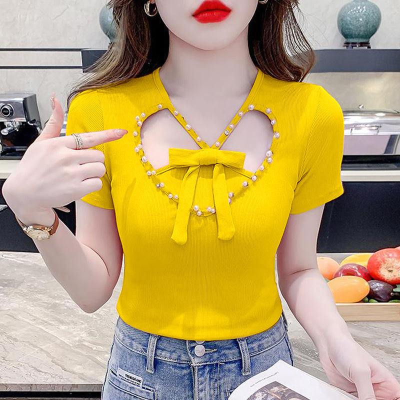 Short Sleeve Women's Summer Beautiful Bow T-shirt Beaded Sense Niche Unique Chic Top: M / Yellow