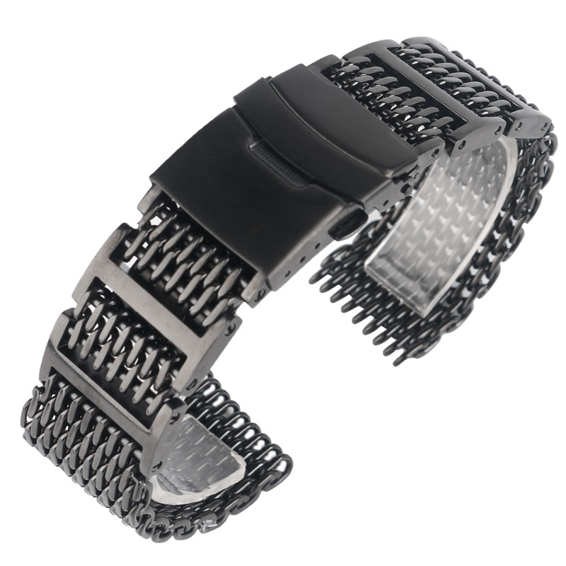 HQ 20mm 22mm 24mm Mens Stainless Steel Watch Band Shark Mesh Wrist Strap Luxury Bracelet Replacement Black Push Button