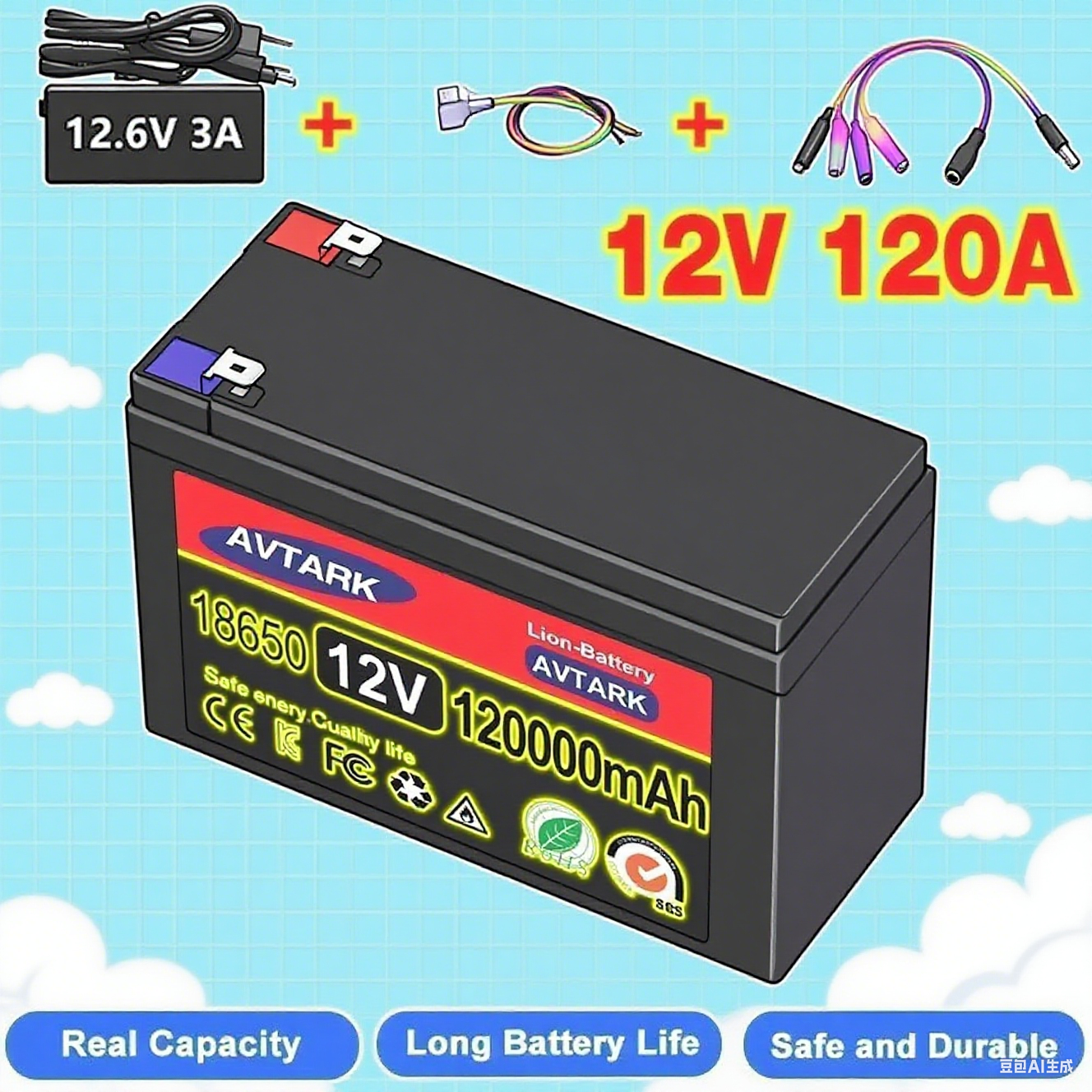 Batterie al litio 12V 120Ah 18650 Batterie al litio ferro fosfato BMS integrato per barca solare + caricabatterie 12,6V