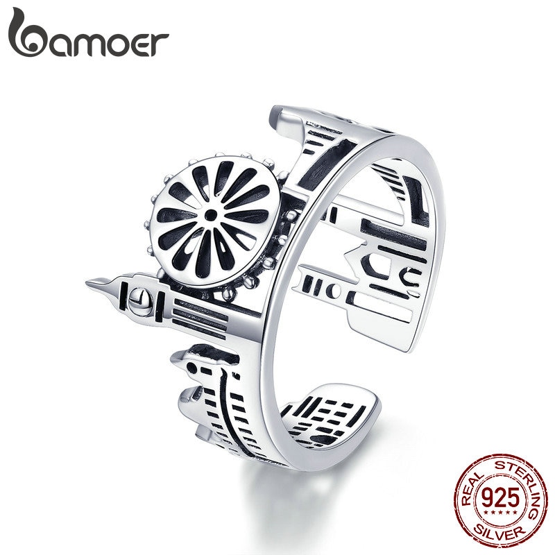 BAMOER 925 Sterling Silver London City Finger Ring British Building Rings for Women Cocktail Wedding Jewelry SCR474