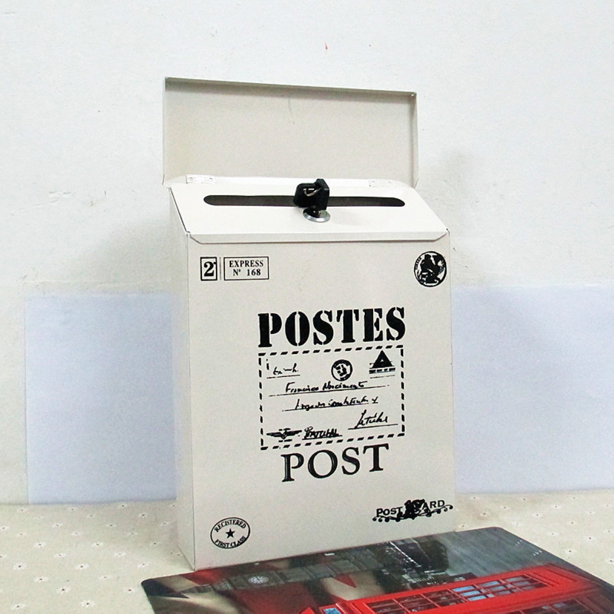 1pc metal postkasse firkantet stort jern postkasse brevpost låsbar med nøgle udendørs: Hvid