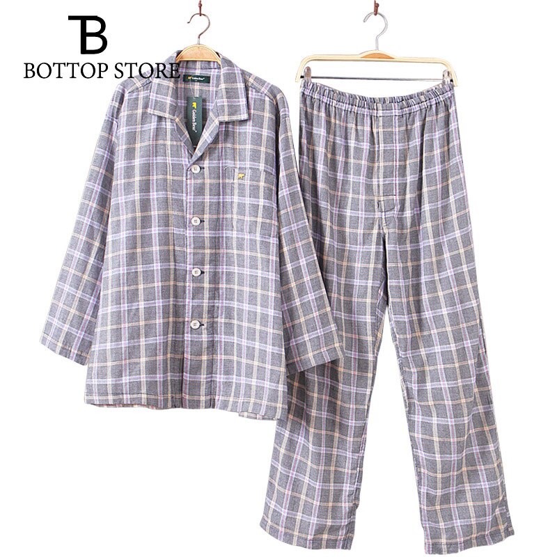 Mens Pajamas Set Top Pant Cotton Pajamas Homewear Men Home Suit Male Sleepwear Set Plaid Men Twinset Nightshirt Nightclothes: gray / S