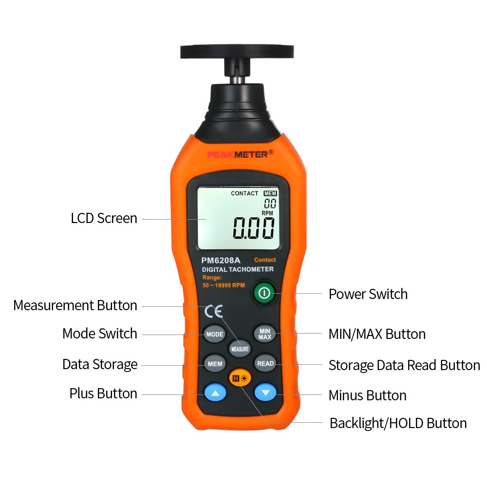 PEAKMETER Digital Tachometer Handheld Contact Motor Tachometer LCD Speedometer Tach RPM Meter Contact-type Digital Tachometer