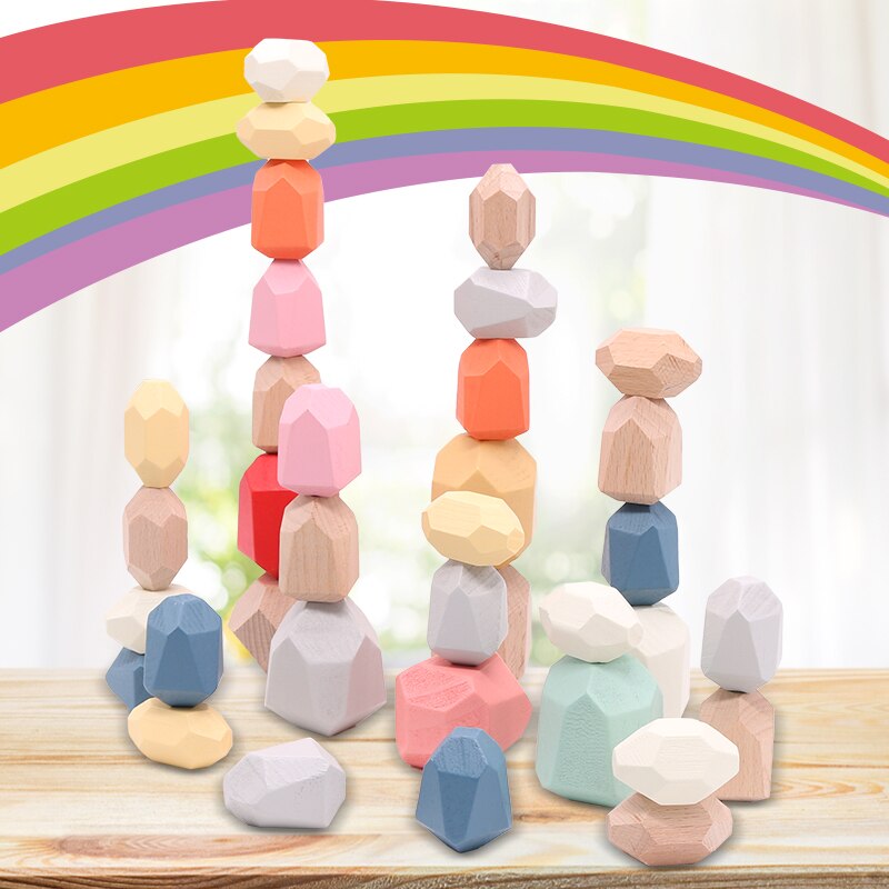 Wooden Colored Stone Stacking Block Nordic Style Stacking Game Rainbow Wooden Stone Montessori Toys Children