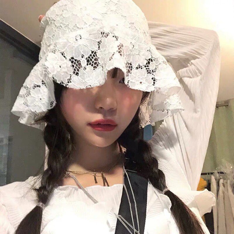 Newly Women Lace Hat Soft Lace Flower Wide Brim Sun Hats Floppy Hollow Fisherman Hats Bucket Hat: White D
