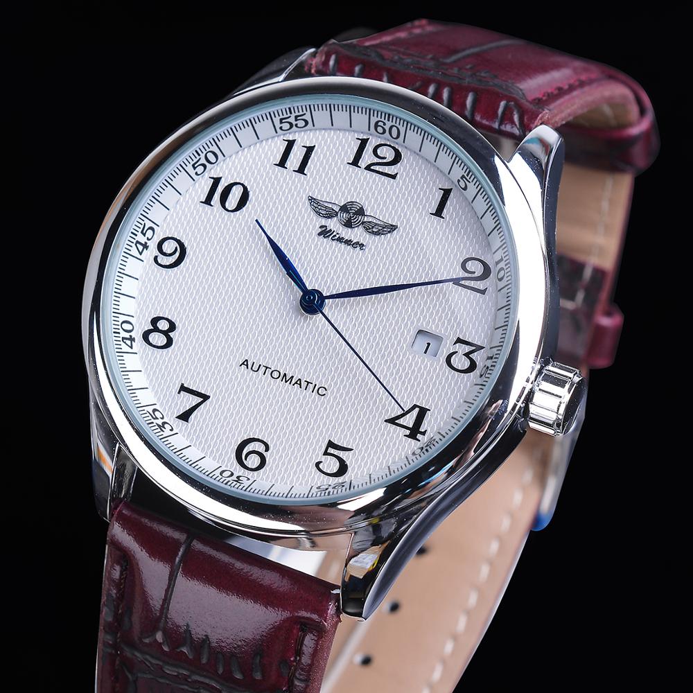 Winnaar Retro Klassiek Kalender Casual Riem Blauwe Handen Herenmode Automatische Mechanische Horloges Topmerk Luxe Relogios