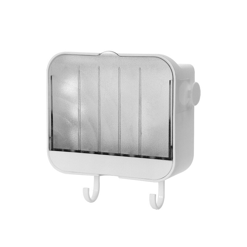 1PC Vertical Soap Box With Dust Cover Bathroom Nail Free Wall Mounted Soap Storage Rack With Hooks Plastic Soap Holder: A-White