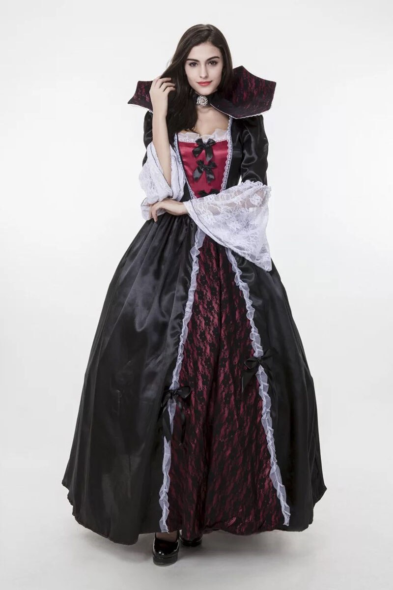 Disfraz de vampiro Versalles gótico para mujer, vestido de encaje de longitud completa, negro oscuro, con cuello alto, para Halloween
