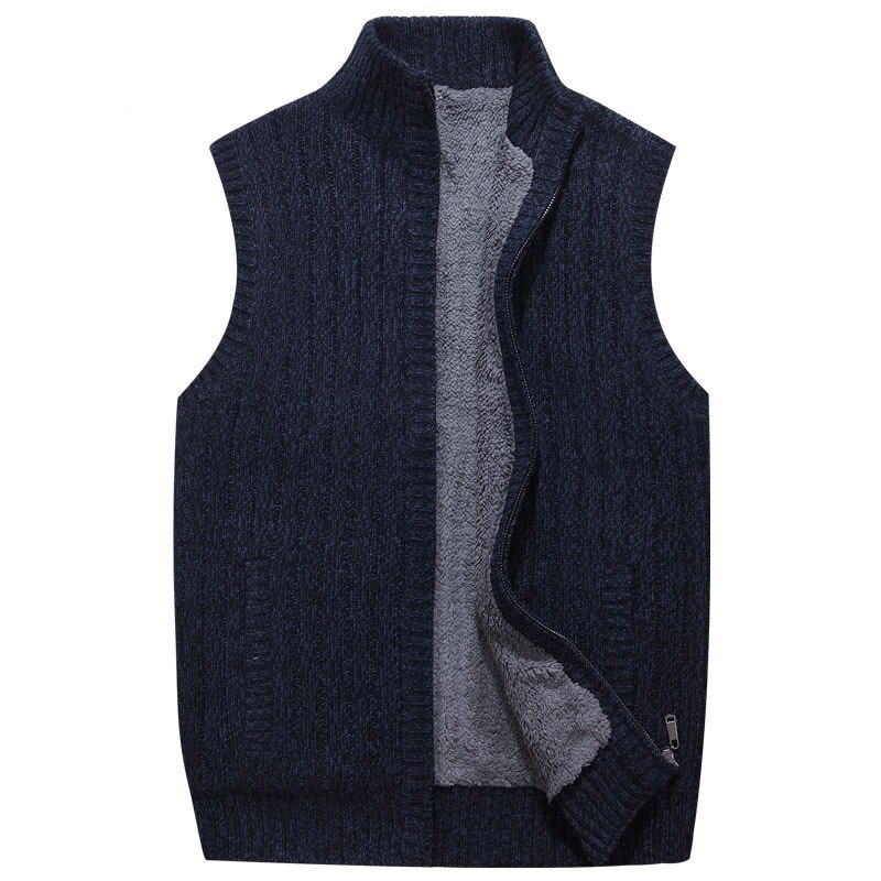 Herr ulltröjor väst kofta manlig varm tröja business casual ärmlös stickad väst jacka solid fleece sweatercoat homme: Marinblå / L