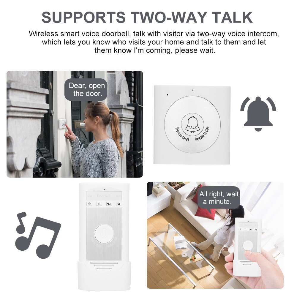 Wireless Voice Intercom Doorbell 2-way Talk Monitor with 1*Outdoor Unit Button 1* Indoor Unit Receiver Smart Home Security
