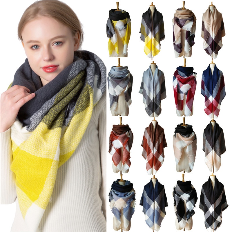 knitted spring winter women triangle scarf plaid warm cashmere scarves shawls luxury brand neck bandana pashmina lady wrap