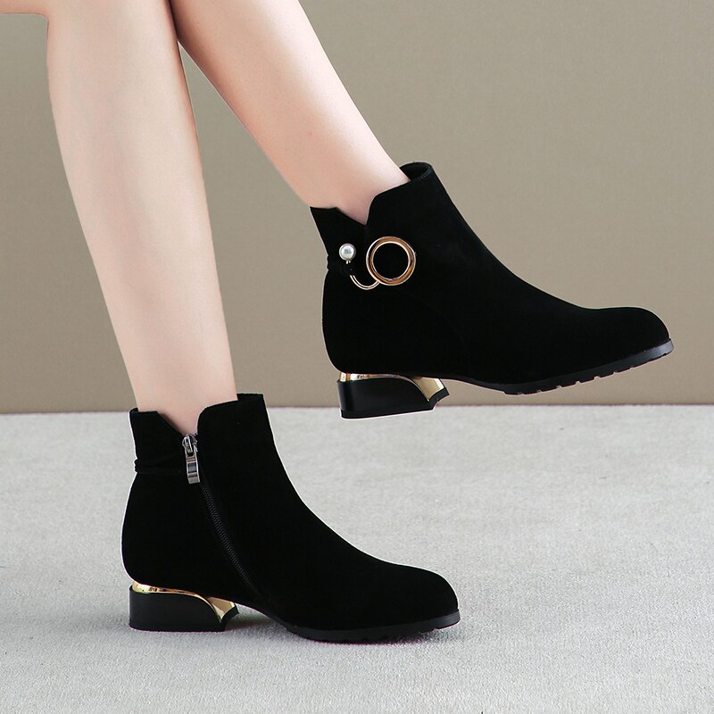 Vinterskor dam ankelboots faux svarta låga klackar mocka booties pärlklänning skor fyrkantig klack botas mujer plus size