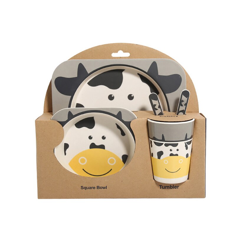 5 stk/sæt baby fad service sæt spædbørn spise tallerken børn miljøvenlig naturlig bambus fiber spisestel foder fade nbb 0038: Ko