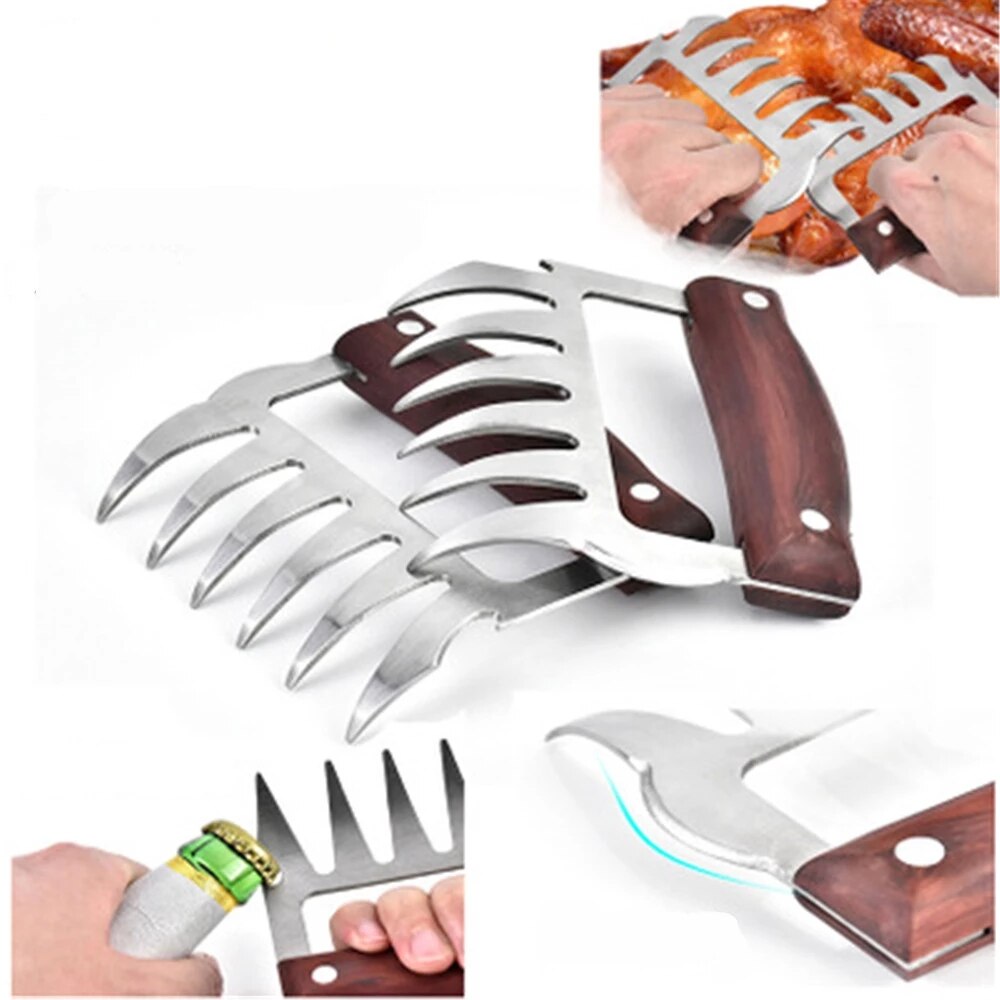 2Stck Fleisch Separator Edelstahl Multifunktions Klemme Schredder Bär Klaue Holzgriff Fleisch Unterteilt Reißen Fleisch für BBQ