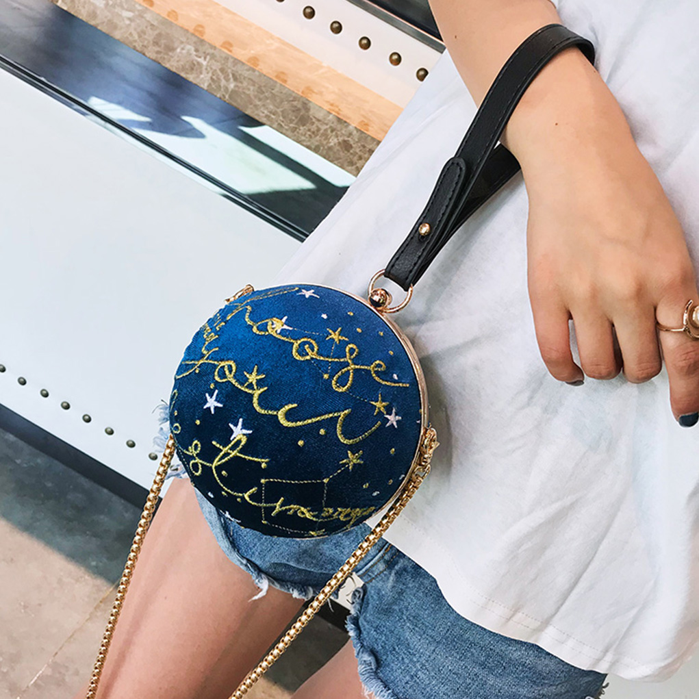Stickerei Sterne Cord Runde Ball Tasche Partei Handtasche Schulter Tasche Crossbody Mini Umhängetasche Weibliche Bolsa Armband Tasche