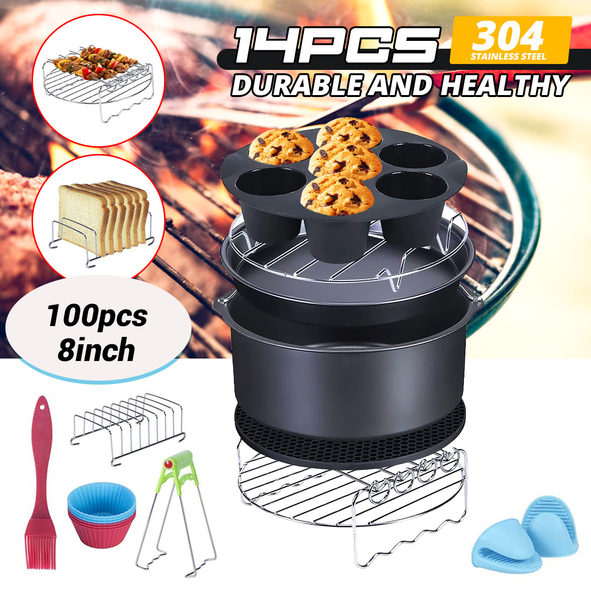 8 tommers airfryer tilbehør 14x for xl airfryer 5.3qt-5.8qt bakekurv pizza tallerken grill gryte kjøkken matlagingsverktøy for fest