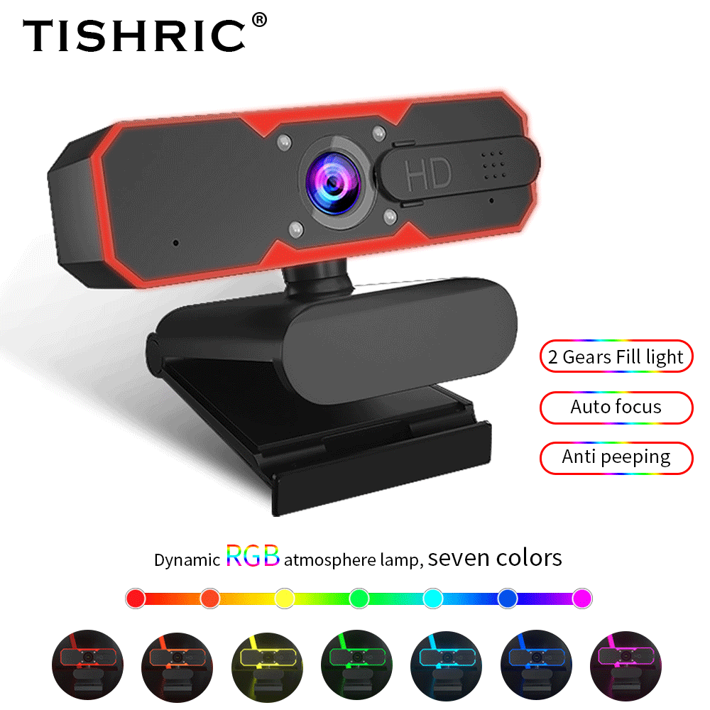 TISHRIC Fill Light Camera Live Game USB Camera RGB Atmosphere Lamp Web Camera with Microphone 1080P Webcam Autofocus Web Cam
