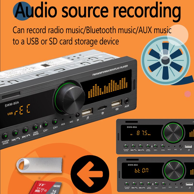 Swm -80a 1 din autoradio mit 12v audioquellen, aufnahmefunktion, parkort, multimedia-musikwiedergabe,  mp3- player-anschlüssen, aux/usb/fm-stereoempfang