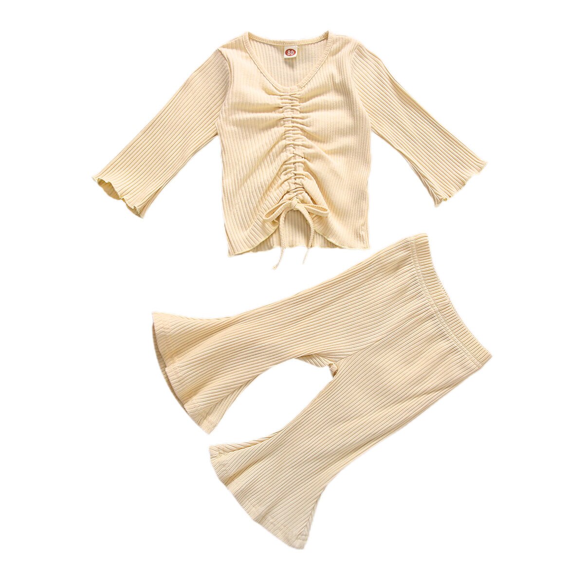 Infant Kids Baby Meisje Geribbeld Solid Set Uitlopende Mouwen Pak Lange Mouwen Tops Shirt Broek Navel Trekkoord Lente Kleding: Beige / 3T